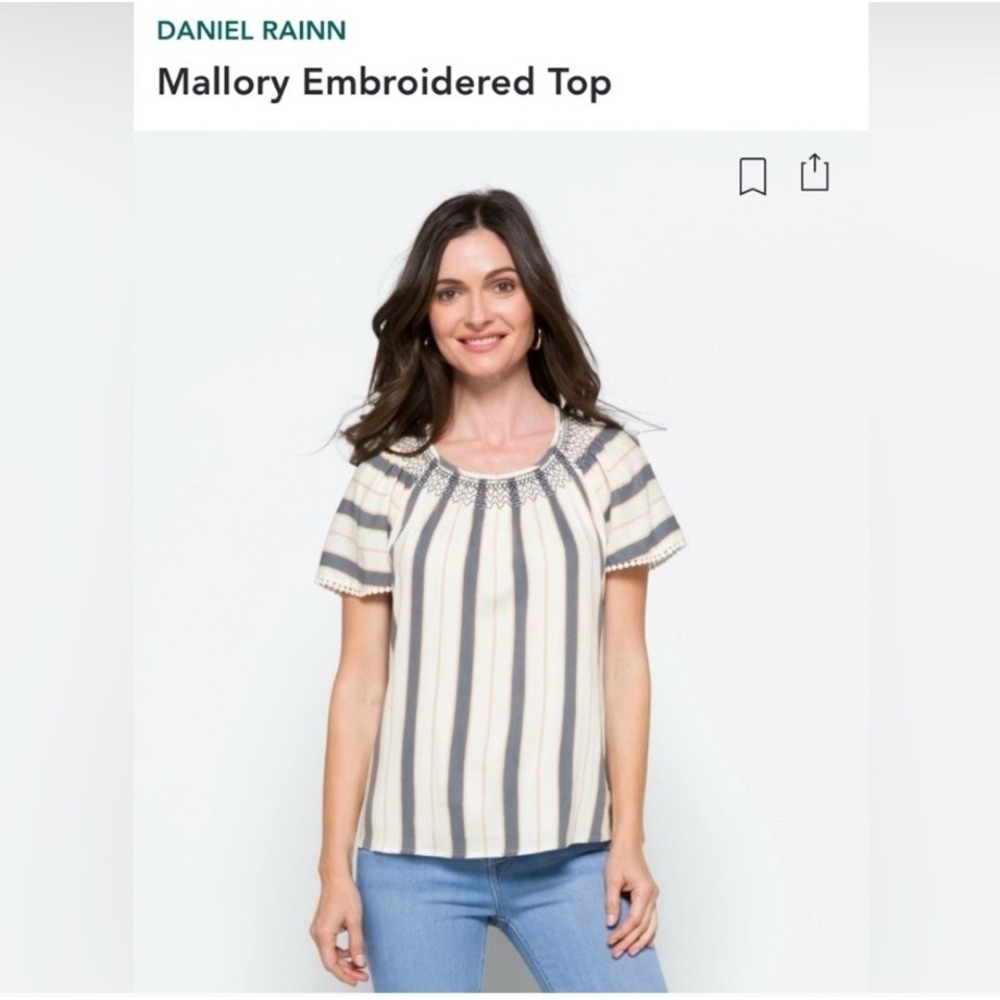 Daniel Rainn Mallory Embroidered Striped Smocked Flutter Sleeve Top XL